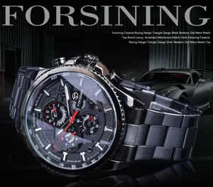 Forsining Herren Automatikuhr mit schwarzem Skelettzifferblatt und Metallarmband.