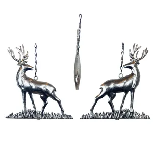 Metal deer hanging ornament, vintage silver iron garden decor with chain for holiday party.