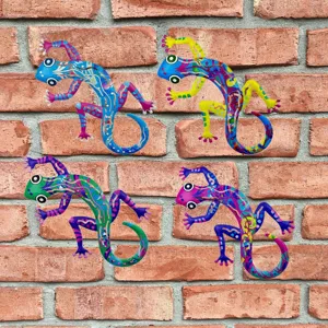 Colorful metal gecko wall art set, vibrant iron lizard sculpture for home and garden decor.