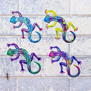 Close-up details of colorful metal gecko wall art, vibrant abstract painted patterns for decor.