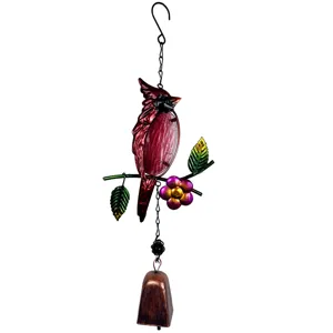 Metal glass cardinal wind chime garden hanging ornament balcony decor, vibrant colored metal bird