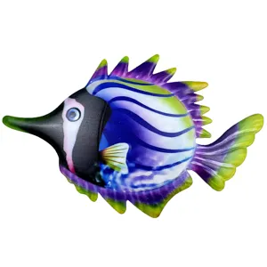 Metal fish wall art hanging decor vibrant blue purple outdoor garden home decoration detail view.