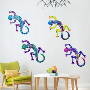 Detailed view of colorful metal gecko wall art, vibrant hand-painted outdoor and indoor decor.