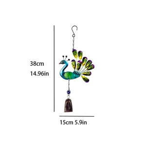 Metal peacock wind chime outdoor garden hanging ornament with bell and dimension details.