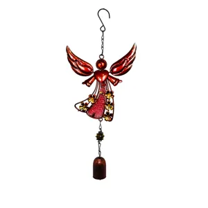 Carillon de vent ange en métal rouge avec verre peint, idéal pour le jardin et la terrasse.