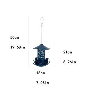 Metal bird feeder for outdoors, hanging garden decoration with cutout design and clear size info.
