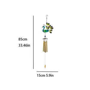 Metal Peacock Wind Chime Garden Outdoor Hanging Decor 85cm Length Detail Spec View.