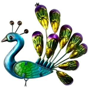 Detailed view of the metal peacock wind chime, featuring vibrant spray-painted glass and iron.