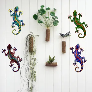 Colorful metal gecko wall art set with wooden plant pot hanging decorations for home decor.