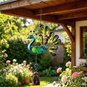 Handmade Peacock Wind Chime Iron Glass Spray Painted Outdoor Garden Yard Hanging Ornament Home Decor Gift