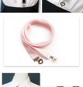 Pink velvet ribbon choker necklace with heart and pearl pendant for shirt collar styling.
