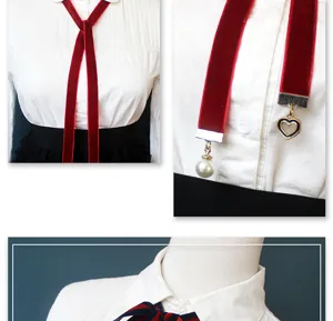 Red velvet collar tie ribbon choker with pearl and heart pendants for women shirts.