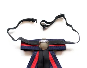 Classic navy and red striped ribbon bow tie featuring an elastic strap and metal pin.