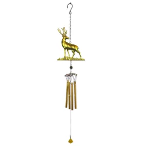 Golden deer wind chime metal tubes hanging pendant for garden courtyard yard decoration display detail.