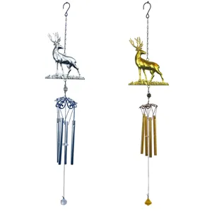 Detail view of metal deer wind chime with hanging pipes and crystal pendant for garden decor
