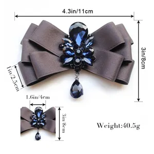 Men Dark Grey Ribbon Bow Tie with Deep Blue Crystal Drop and Dimensions Specification