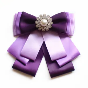 Elegant purple layered ribbon bow tie with rhinestone pearl center for women uniforms.
