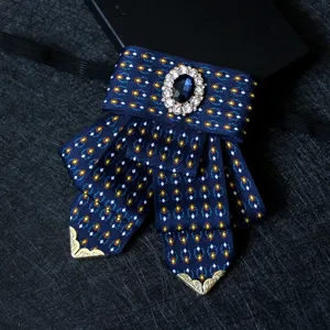Men's Vintage Jacquard Fabric Bow Tie Rhinestone Gem Decorated Metal Corner Business Wedding Suit Shirt Collar Flower