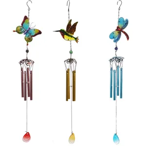 Handmade Iron Painted Glass Wind Chime Hummingbird Butterfly Dragonfly Metal Hanging Ornament For Home Garden Decor