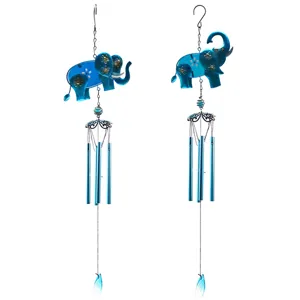 Metal painted glass elephant wind chime hanging ornament for garden patio yard decor detailing.