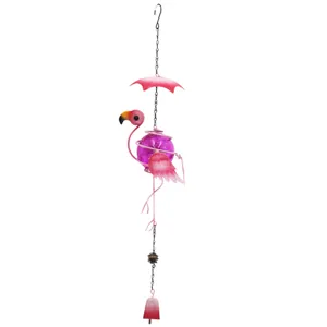 Flamingo wind chime hanging ornament with cracked glass ball and bell for garden decor detail view