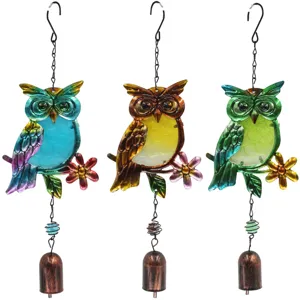 Colorful metal owl wind chime with stained glass, hanging ornament for garden home decor.