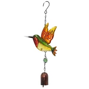 Metal hummingbird wind chime with colorful painted glass, perfect for home and garden decor.