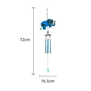 Blue elephant metal glass painted wind chime, 72cm height for garden balcony hanging decor.