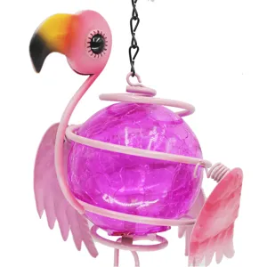 Flamingo crackle glass ball wind chime metal hanging ornament for garden and yard decor.