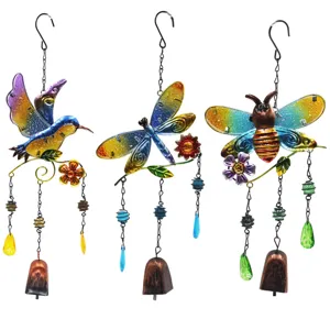 Colorful metal wind chimes with hummingbird dragonfly and bee designs for garden decor.