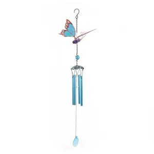Close-up detail of the luminous butterfly wind chime featuring glowing blue acrylic wings and metal tubes.