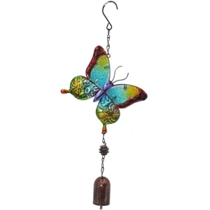 Close-up detail of the colorful painted glass butterfly metal wind chime hanging ornament.
