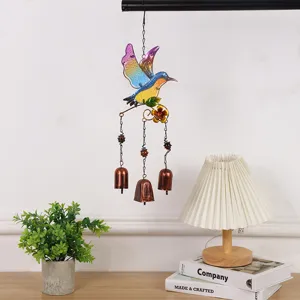 Carillon eolien colibri en metal et verre peint decoration suspendue pour jardin