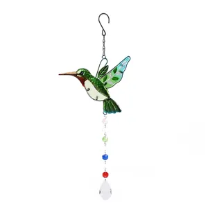 Stained glass hummingbird sun catcher wind chime with colorful crystals for garden home decor
