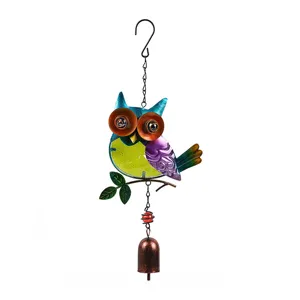 Colorful metal owl wind chime with glass painted details, ideal for garden and yard decor.