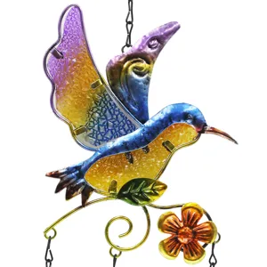 Colorful metal hummingbird wind chime stained glass garden hanging decor pendant ornament
