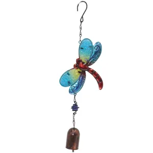 Exquisite metal glass dragonfly wind chime hanging ornament for home and garden decor.