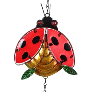 Metal ladybug wind chime detail, colorful glass painted hanging decoration, garden decor.