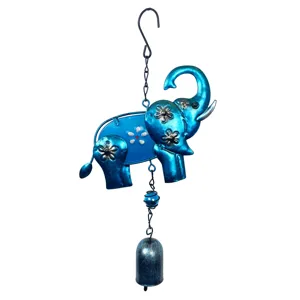 Decorative blue metal elephant wind chime with painted glass panels for outdoor garden decor.