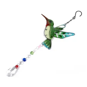 Hummingbird crystal suncatcher detail showing colorful beads and prism pendant for garden decor.
