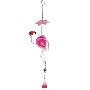 Flamingo wind chime metal hanging ornament with pink umbrella and glass ball for garden decor