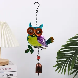 Metal glass owl wind chime detail view, colorful garden hanging decor and art ornament piece.