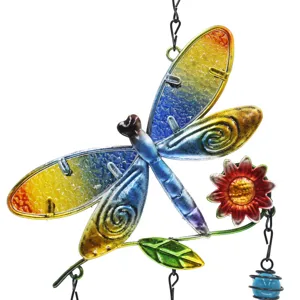 Colorful metal dragonfly wind chime with glass wings and flower garden hanging ornament