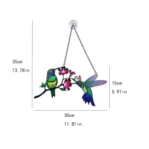 Metal hummingbird window hanging suncatcher with suction cup and chain, 30x35cm decor.