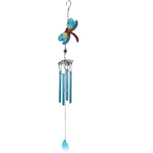 Detailed close-up view of the dragonfly metal wind chime, decorative glass hanging ornament.