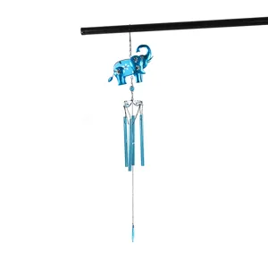 Blue metal elephant wind chime hanging ornament for garden, patio, and balcony decor.