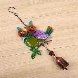 Handcrafted metal and glass owl wind chime, colorful garden hanging decor and outdoor ornament.