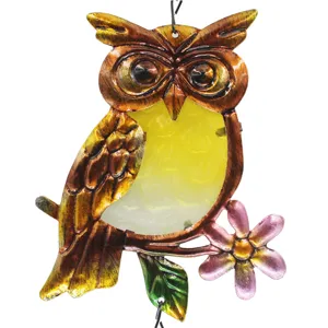 Detailed view of the colorful stained glass owl metal wind chime hanging ornament.