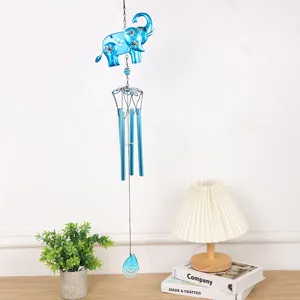 Blue metal elephant wind chime with glass tubes, perfect for garden balcony home decor hanging.