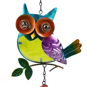 Metal and glass painted owl wind chime hanging decoration for garden yard outdoor art